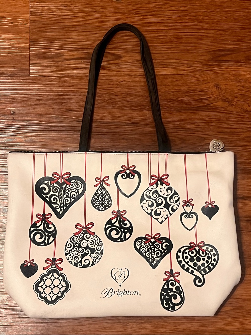 Brighton White and Black Heart & Ornament Motifs and Red Ribbon Accents tote bag - Picture 16 of 16